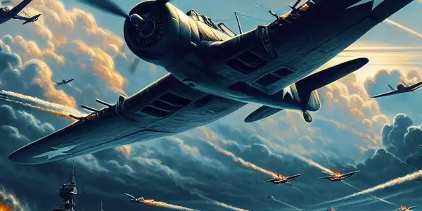 Aerial dogfight over the Pacific Ocean during World War II, featuring vintage fighter planes and a turbulent naval fleet below.