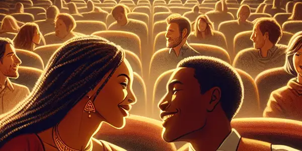 A cozy movie theater scene with couples enjoying a romantic film, sharing popcorn and expressing joy together.