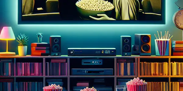 Cozy living room with a large TV showing a classic film, popcorn, drinks, and movie memorabilia.