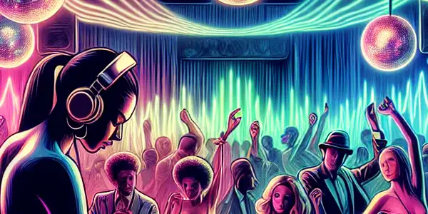 A vibrant nightclub scene with diverse people dancing, a DJ, neon lights, and disco balls reflecting a joyful atmosphere.<a href=