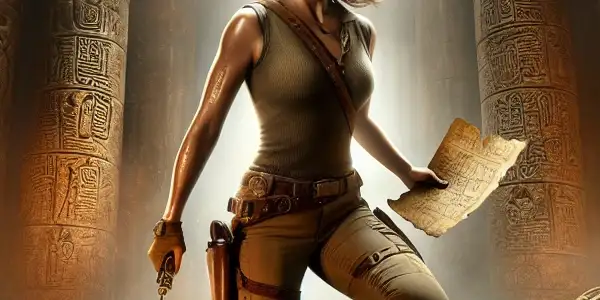 Lara Croft navigates an ancient temple, holding a map and grappling hook amidst traps and mysterious artifacts.