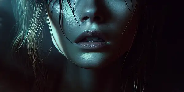 A young woman trapped in a wooden box, illuminated by eerie light, surrounded by darkness and unseen threats.