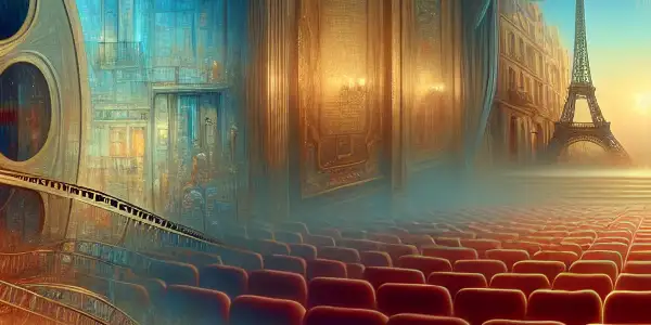 A classic film reel adorned with intricate designs, set against a vintage cinema background featuring the Eiffel Tower.