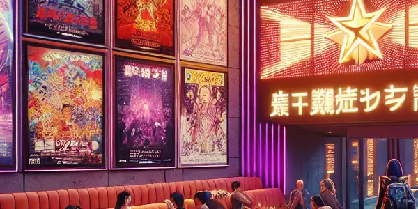 A futuristic Japanese cinema featuring vibrant movie posters and a diverse audience enjoying adult films.