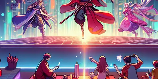 A vibrant gaming setup featuring dynamic avatars from a Japanese adult film in an immersive, high-energy environment.